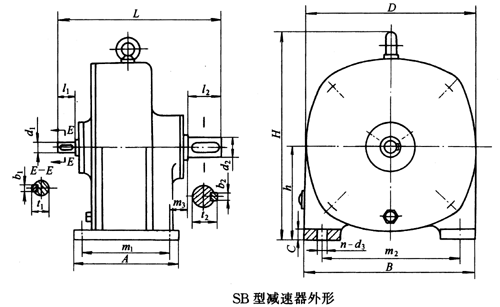 SB系列雙擺線針輪減速機外形及安裝尺寸、針齒中心圓直徑及傳動比